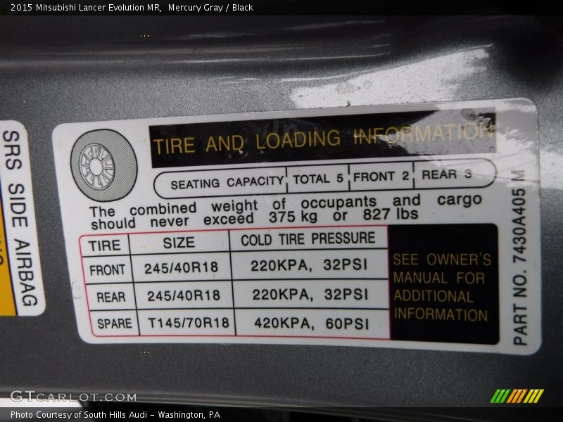 Info Tag of 2015 Lancer Evolution MR