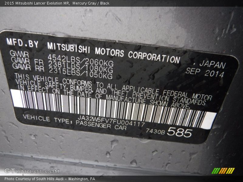 Mercury Gray / Black 2015 Mitsubishi Lancer Evolution MR