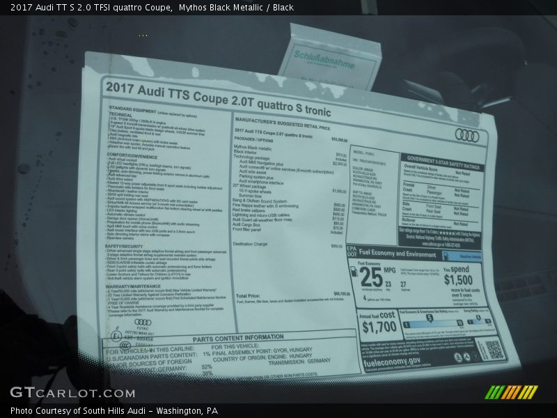  2017 TT S 2.0 TFSI quattro Coupe Window Sticker