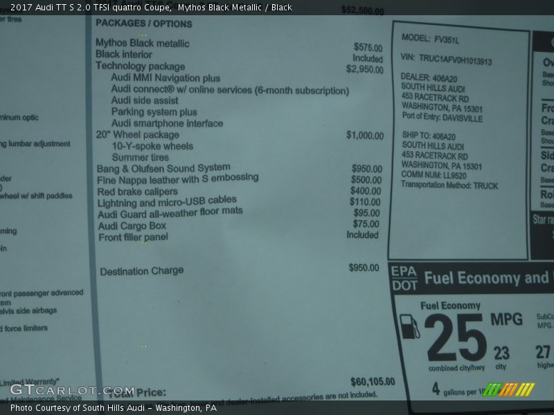  2017 TT S 2.0 TFSI quattro Coupe Window Sticker
