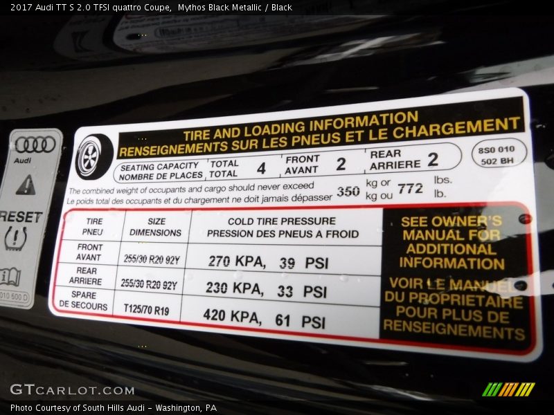 Info Tag of 2017 TT S 2.0 TFSI quattro Coupe