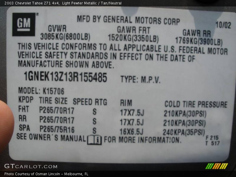 Light Pewter Metallic / Tan/Neutral 2003 Chevrolet Tahoe Z71 4x4