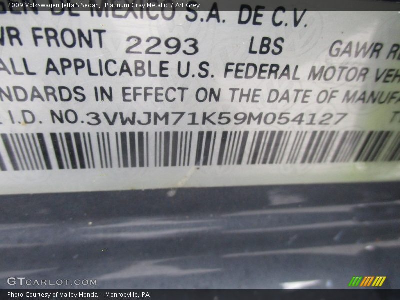 Platinum Gray Metallic / Art Grey 2009 Volkswagen Jetta S Sedan