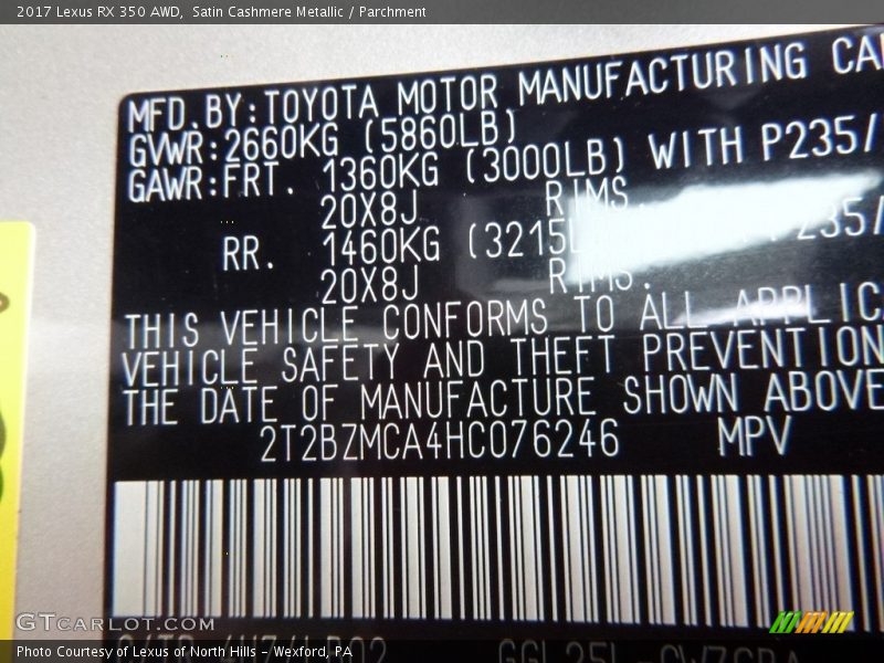 Satin Cashmere Metallic / Parchment 2017 Lexus RX 350 AWD