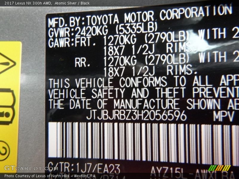 2017 NX 300h AWD Atomic Silver Color Code 1J7