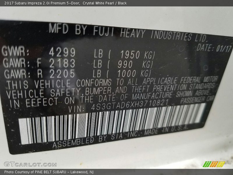 Crystal White Pearl / Black 2017 Subaru Impreza 2.0i Premium 5-Door