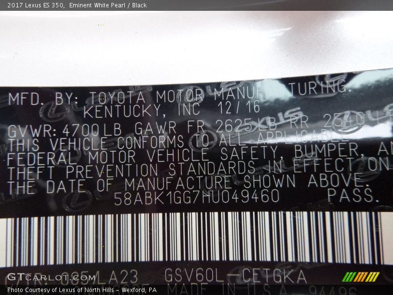 Eminent White Pearl / Black 2017 Lexus ES 350