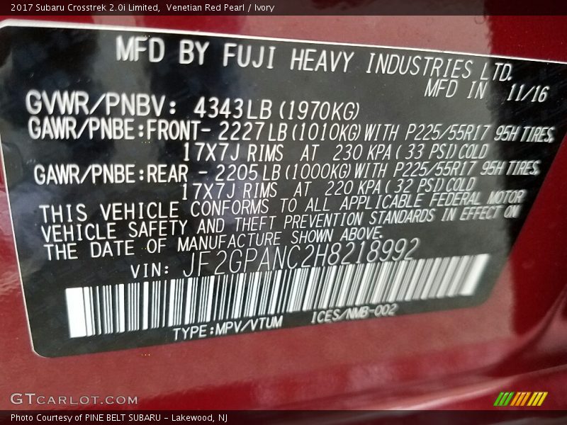 Venetian Red Pearl / Ivory 2017 Subaru Crosstrek 2.0i Limited