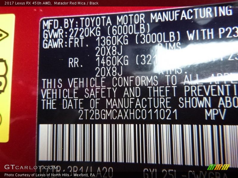 2017 RX 450h AWD Matador Red Mica Color Code 3R1
