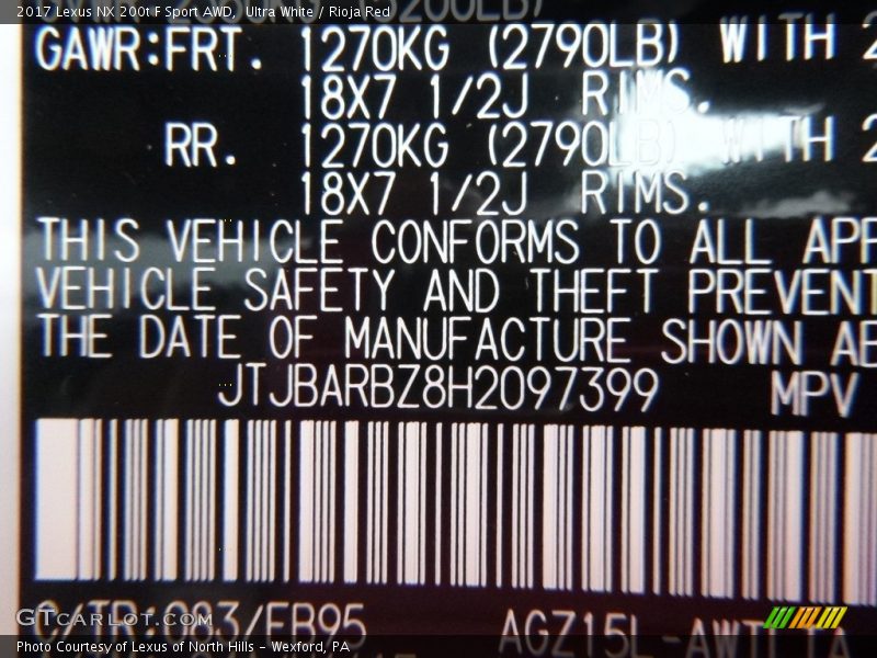 2017 NX 200t F Sport AWD Ultra White Color Code 083