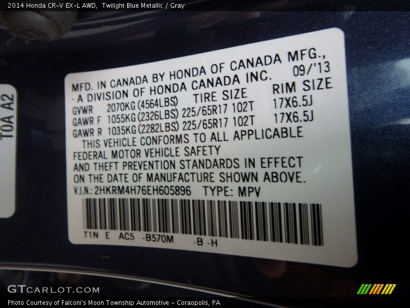 Twilight Blue Metallic / Gray 2014 Honda CR-V EX-L AWD