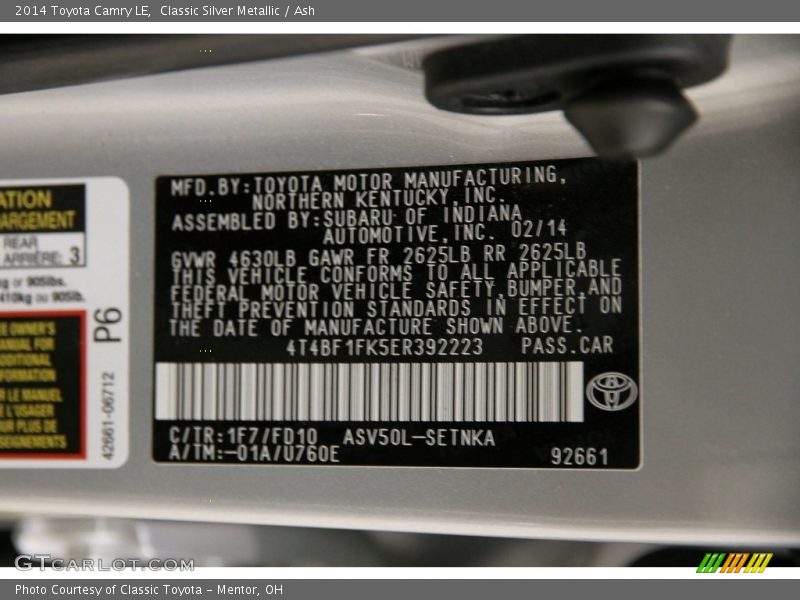 Classic Silver Metallic / Ash 2014 Toyota Camry LE