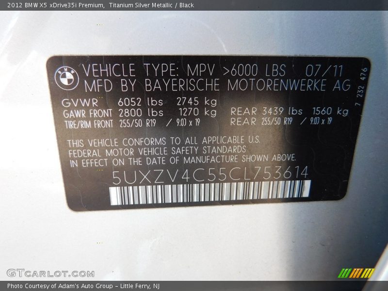 Titanium Silver Metallic / Black 2012 BMW X5 xDrive35i Premium