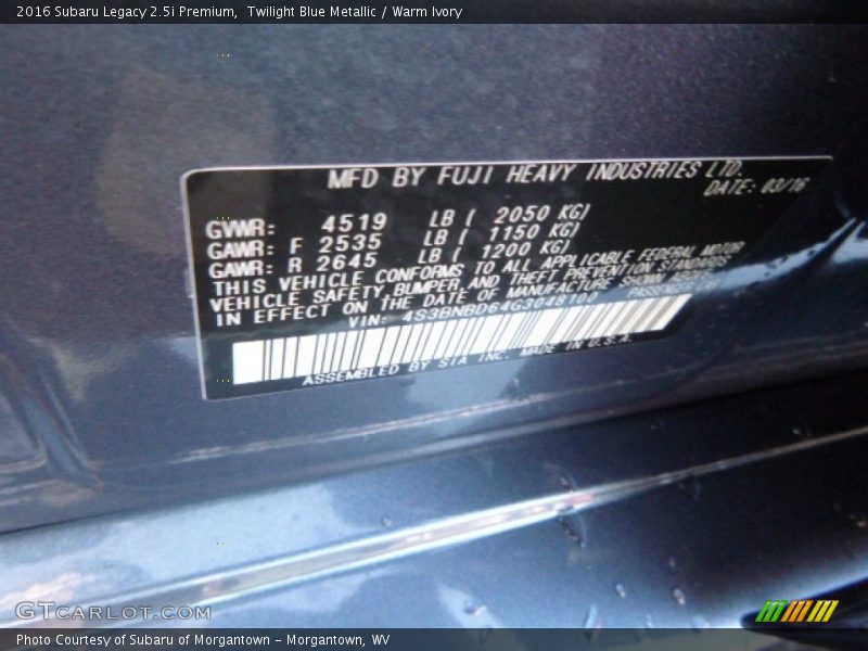 Twilight Blue Metallic / Warm Ivory 2016 Subaru Legacy 2.5i Premium