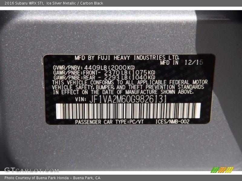 Ice Silver Metallic / Carbon Black 2016 Subaru WRX STI