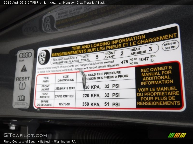 Monsoon Gray Metallic / Black 2016 Audi Q5 2.0 TFSI Premium quattro