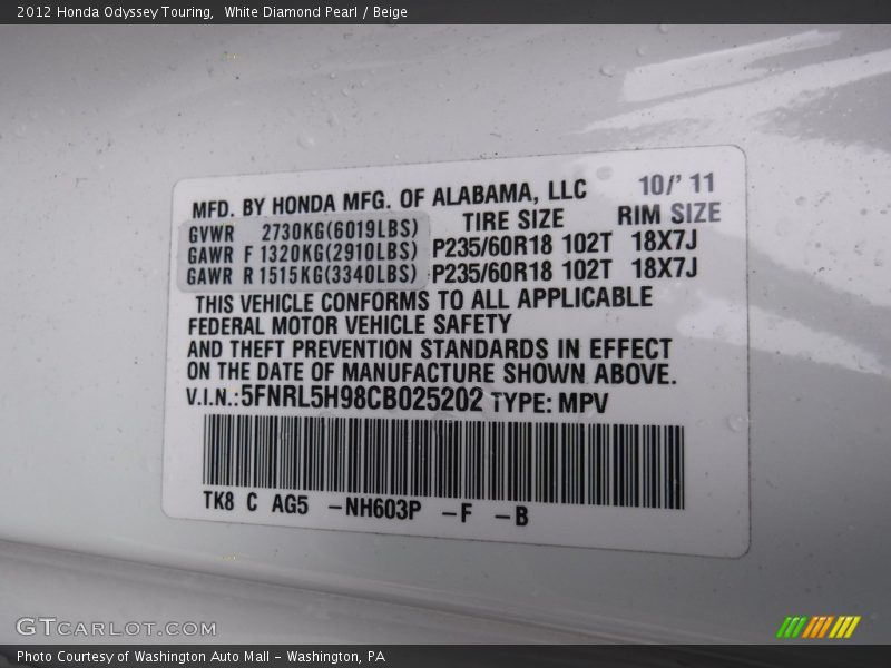White Diamond Pearl / Beige 2012 Honda Odyssey Touring