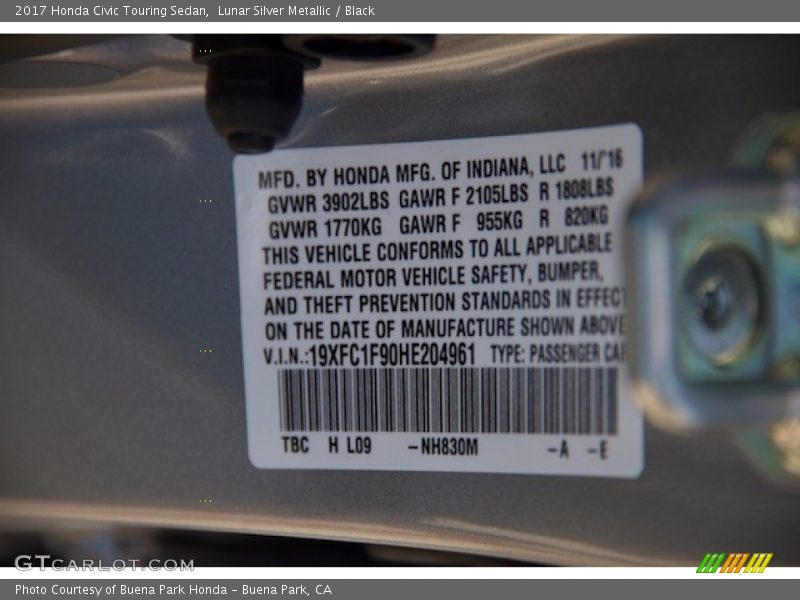 Lunar Silver Metallic / Black 2017 Honda Civic Touring Sedan