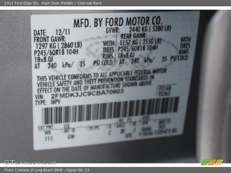 Ingot Silver Metallic / Charcoal Black 2012 Ford Edge SEL