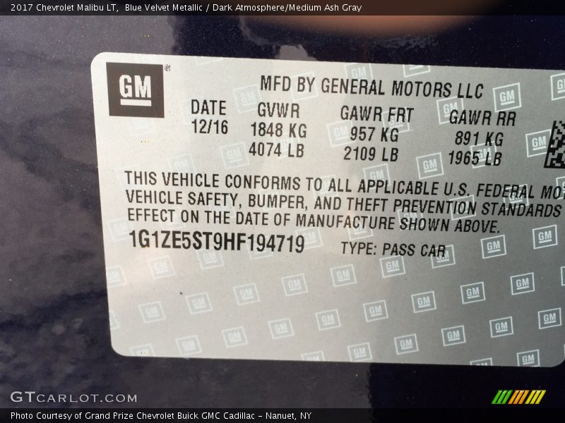 Blue Velvet Metallic / Dark Atmosphere/Medium Ash Gray 2017 Chevrolet Malibu LT