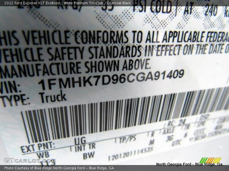 White Platinum Tri-Coat / Charcoal Black 2012 Ford Explorer XLT EcoBoost