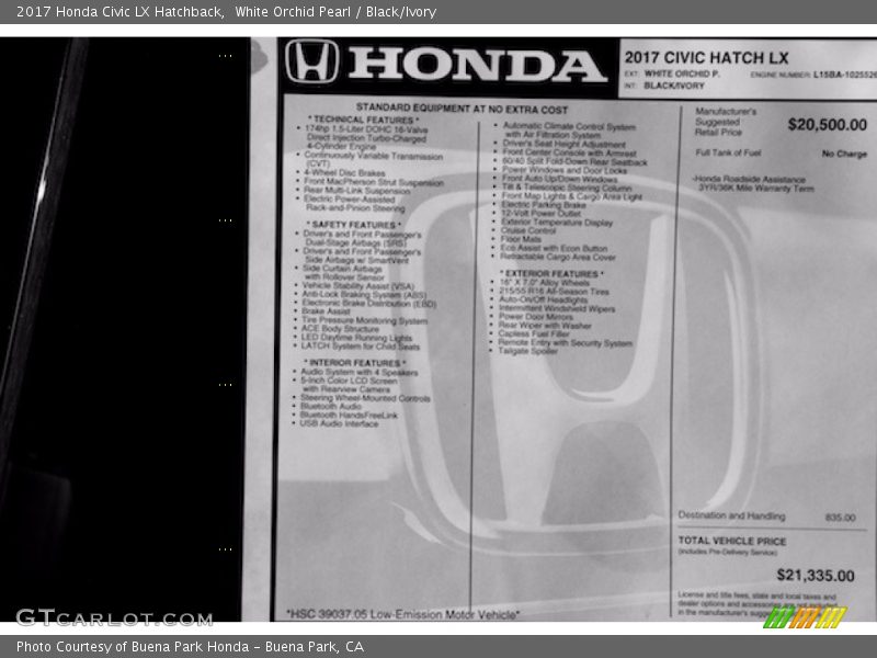 White Orchid Pearl / Black/Ivory 2017 Honda Civic LX Hatchback