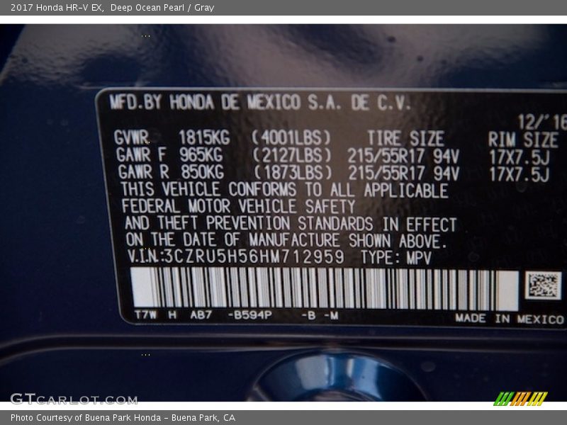 Deep Ocean Pearl / Gray 2017 Honda HR-V EX
