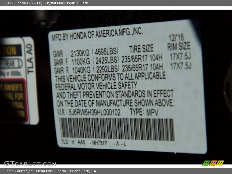 Crystal Black Pearl / Black 2017 Honda CR-V LX