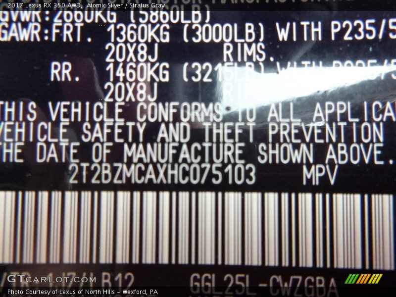 Atomic Silver / Stratus Gray 2017 Lexus RX 350 AWD