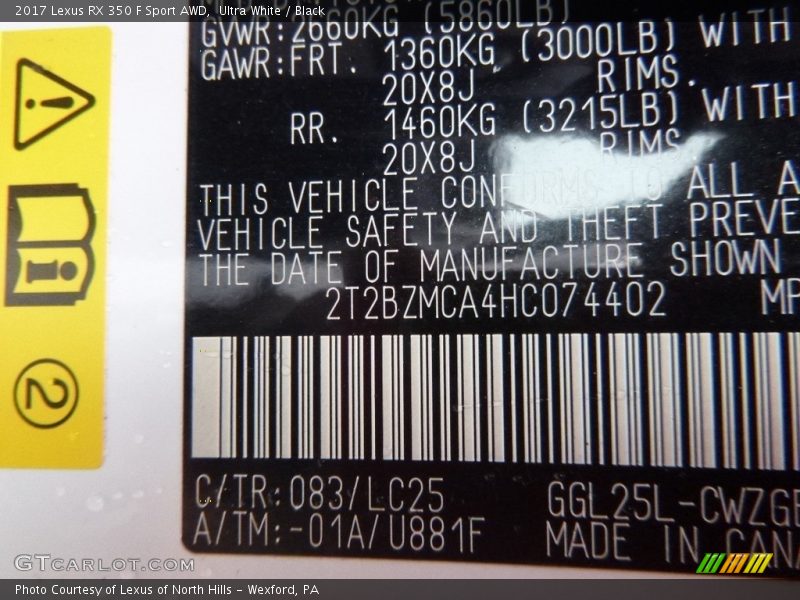 2017 RX 350 F Sport AWD Ultra White Color Code 083