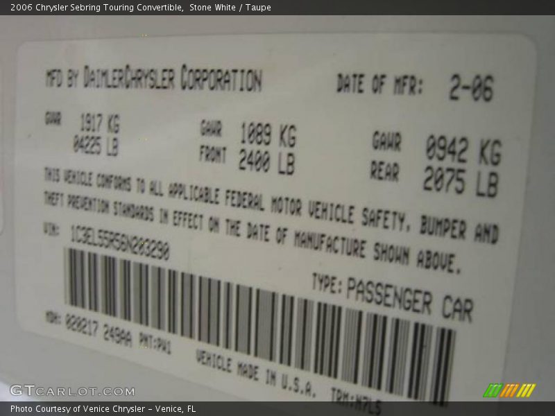 Stone White / Taupe 2006 Chrysler Sebring Touring Convertible