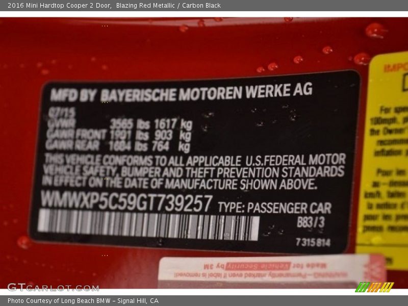 Blazing Red Metallic / Carbon Black 2016 Mini Hardtop Cooper 2 Door