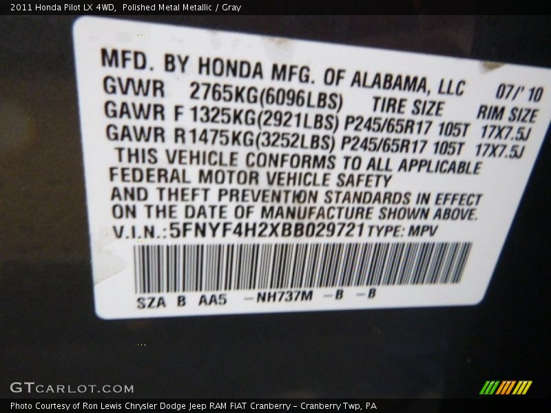 Polished Metal Metallic / Gray 2011 Honda Pilot LX 4WD