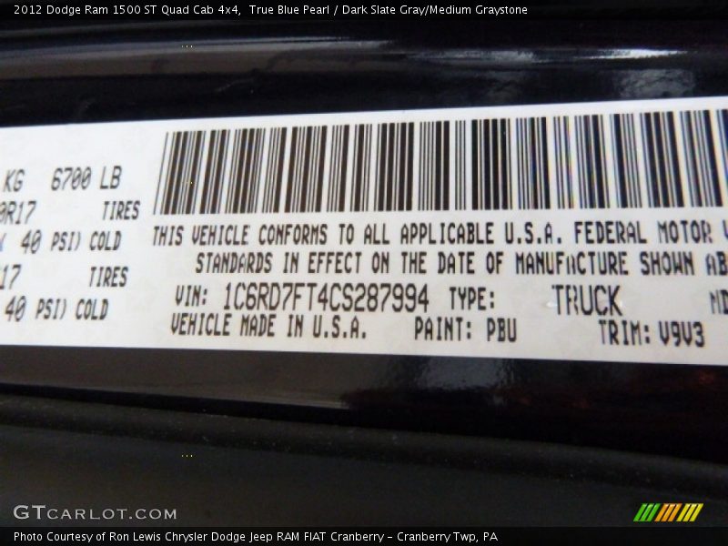 True Blue Pearl / Dark Slate Gray/Medium Graystone 2012 Dodge Ram 1500 ST Quad Cab 4x4