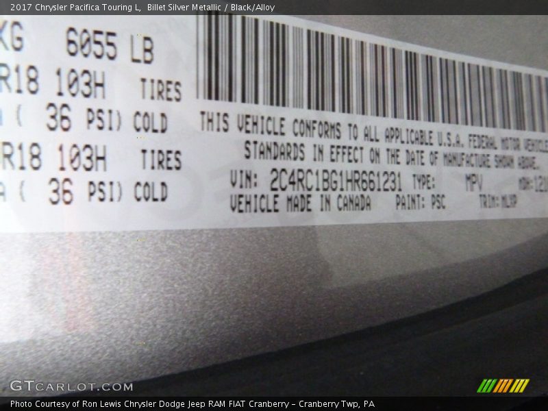 Billet Silver Metallic / Black/Alloy 2017 Chrysler Pacifica Touring L