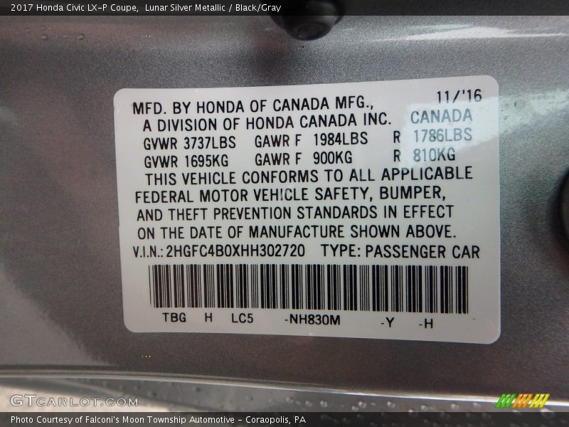 Lunar Silver Metallic / Black/Gray 2017 Honda Civic LX-P Coupe