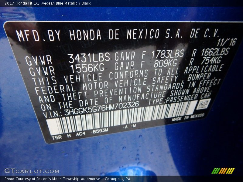Aegean Blue Metallic / Black 2017 Honda Fit EX