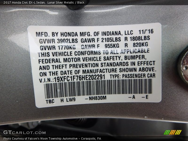 Lunar Silver Metallic / Black 2017 Honda Civic EX-L Sedan