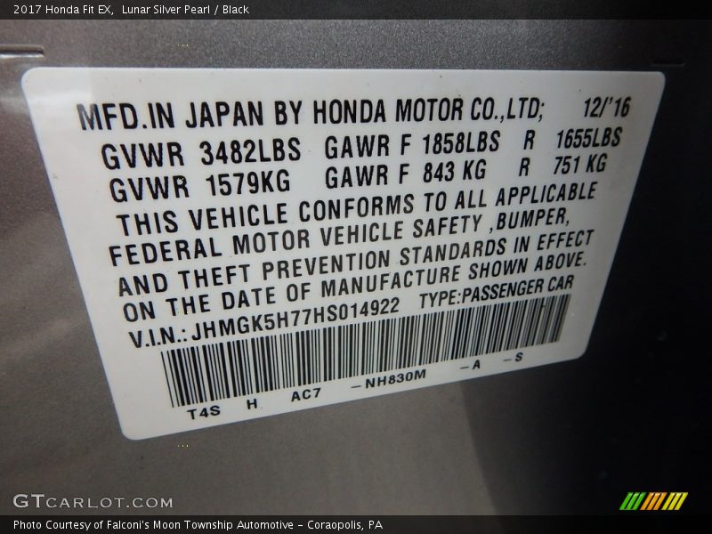 Lunar Silver Pearl / Black 2017 Honda Fit EX