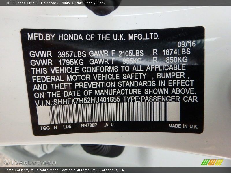 White Orchid Pearl / Black 2017 Honda Civic EX Hatchback