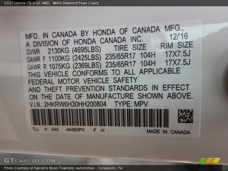 2017 CR-V LX AWD White Diamond Pearl Color Code NH603PX