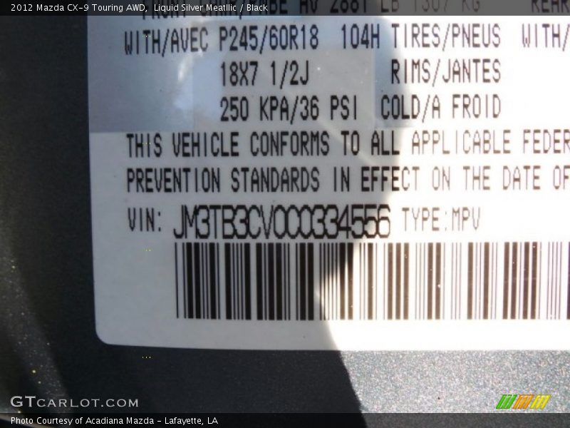 Liquid Silver Meatllic / Black 2012 Mazda CX-9 Touring AWD