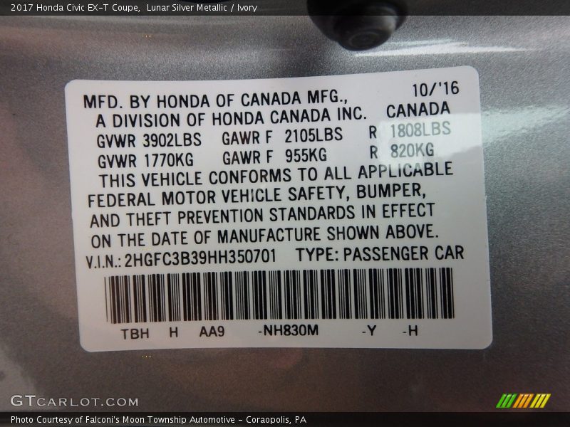 2017 Civic EX-T Coupe Lunar Silver Metallic Color Code NH830M