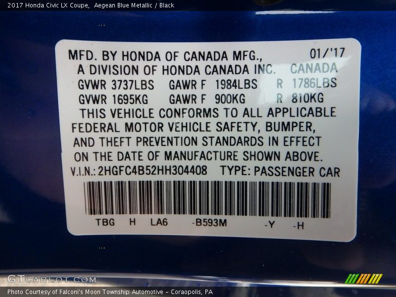 2017 Civic LX Coupe Aegean Blue Metallic Color Code B593M