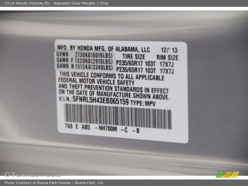 Alabaster Silver Metallic / Gray 2014 Honda Odyssey EX