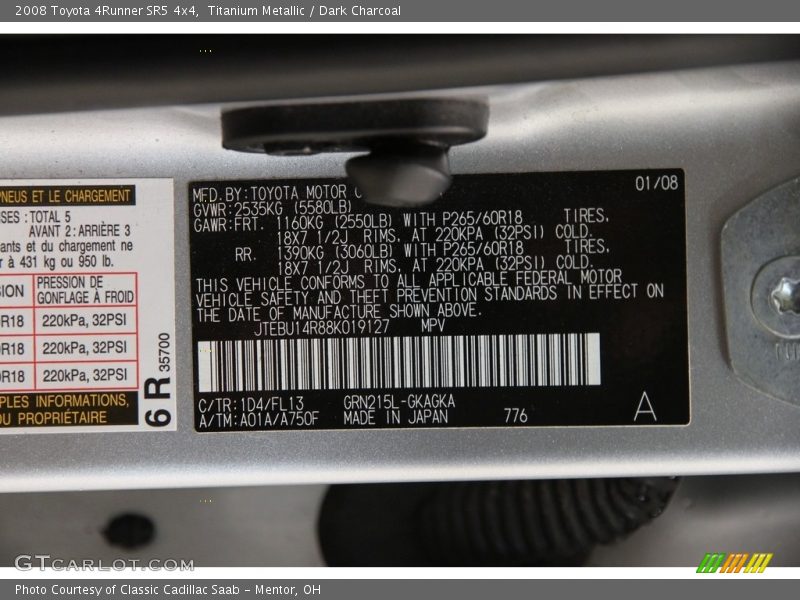 Titanium Metallic / Dark Charcoal 2008 Toyota 4Runner SR5 4x4