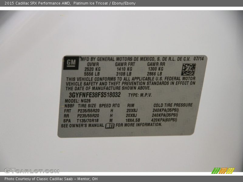 Platinum Ice Tricoat / Ebony/Ebony 2015 Cadillac SRX Performance AWD