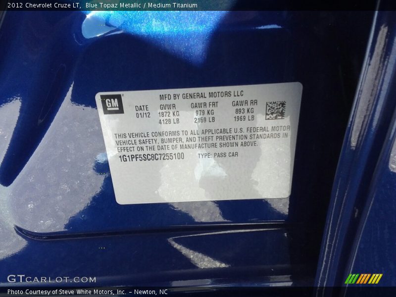 Blue Topaz Metallic / Medium Titanium 2012 Chevrolet Cruze LT
