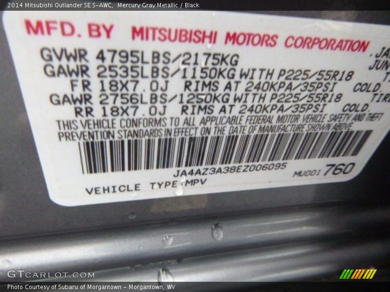 Mercury Gray Metallic / Black 2014 Mitsubishi Outlander SE S-AWC