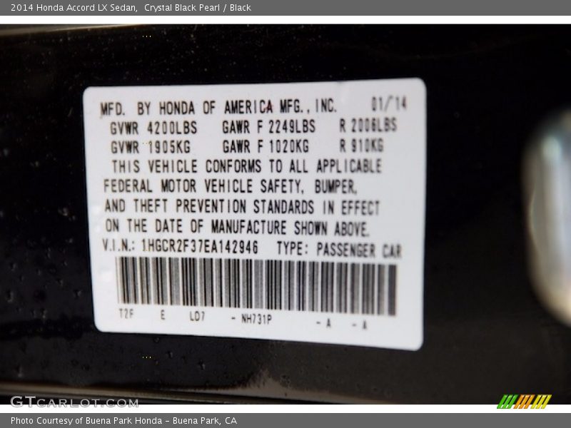 Crystal Black Pearl / Black 2014 Honda Accord LX Sedan